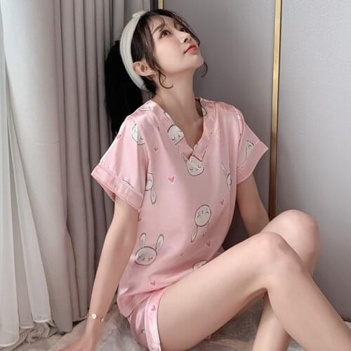 Summer Ice Silk Pajamas Women Short-Sleeved Home Service Printing Two-piece Pajamas Sleepwear Womens Homewear Sleep Wear M-4XL