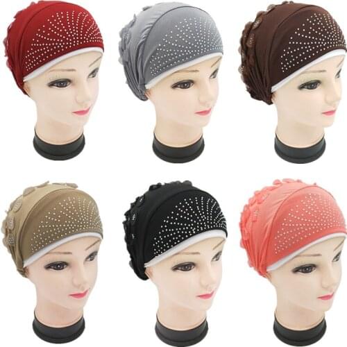 Muslim hijab hat cotton flowers turban cap for women with diamond Islamic headwear Inner hijab caps turbante bonnet
