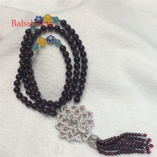 Natural red garnets and multicolor natural stone necklace sweater chain 25" 6-7MM necklace peacock pendant 001