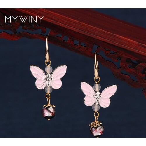NEW MYWINY fashion jewelry Copper jewelry Cloisonne butterfly earrings pink,purple glass glazed quality vintage earrings