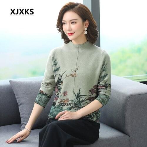 XJXKS 2020 spring new women printed sweater loose plus size comfortable 100% wool knitted turtleneck sweater women pullover