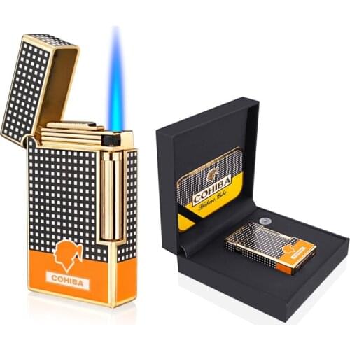 Cigar Lighter Cohiba Torch Jet Flame Refillable Butane Gas Flintstones Lighter with Cigar Punch Cigar Accessories for Gift Box