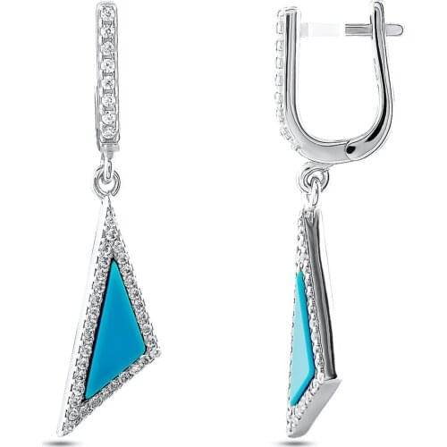 Women Triangle Model Drop Silver Earrings Social Blue Stone Long Earrings Solid 925 Sterling Silver Vintage Women Jewelry