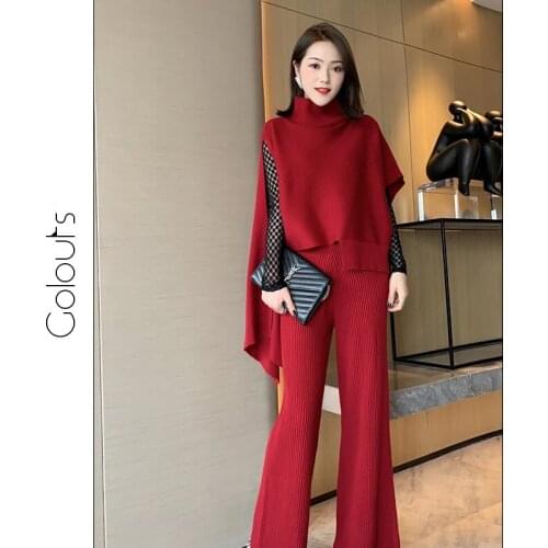 New Stylish Women Turtleneck Sweater Irregular Tops and High Waist Wide Leg Pants Outfits Knitted Ribbed Spring 2 Piece Suit