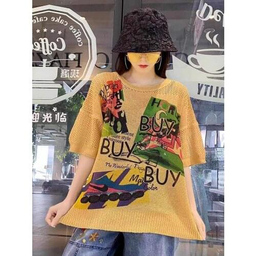 Vintage Design Hollow Out Graffiti Tops Women Nice Short Sleeve Kawaii Sweater Womens Clothing Nice Green Cloth