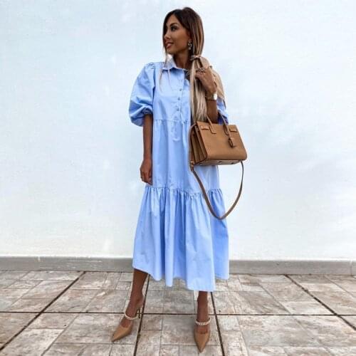 Syhloli Women casual long dress turn-down collar puff sleeve solid a-line dress 2021 new fashion party sexy summer dress