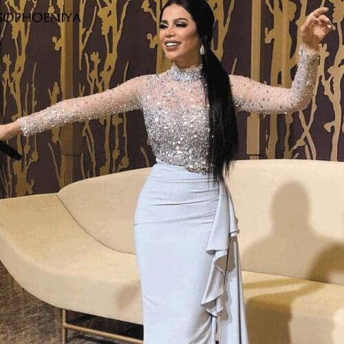New Arrival Long sleeve evening dresses 2021 Arabic Dubai Sky Blue Muslim evening dress Plus size Robe de soiree Evening gowns