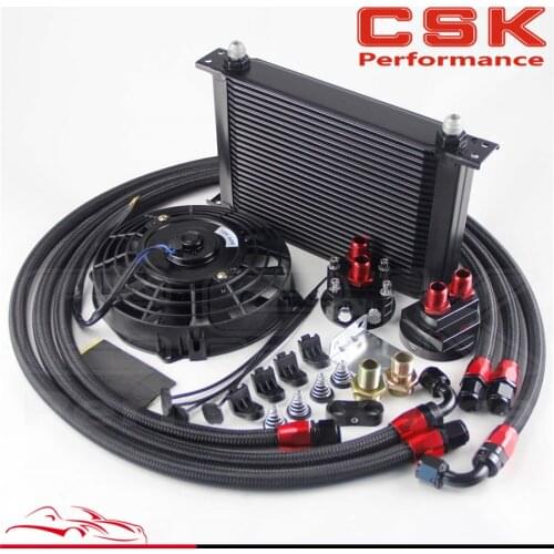 25 Row AN8 Engine Oil Cooler /Filter Relocation hose + 7" Electric Fan Kit BK