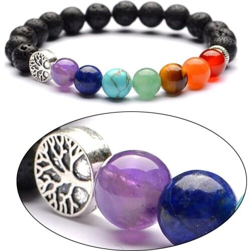 Tree of Life Healing Seven Chakras Beads bracelet 8mm Black Lava Stone DIY Essential Oil Diffuser Bracelets Stretch Yoga Jewelry