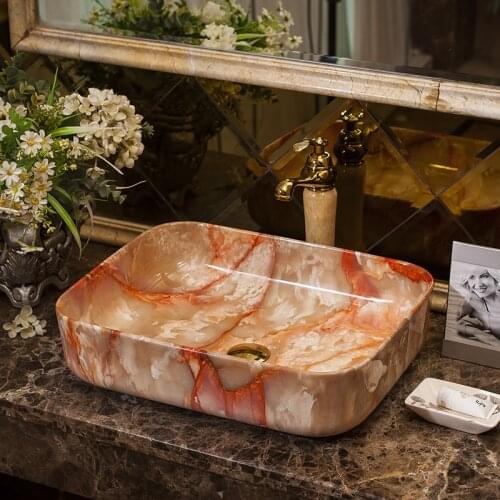 Glossy Marble Pattern Bathroom Sink Bowls Rectangular Wash Hand Basins Ceramic Vessel Bathroom Sink Countertop Shampoo Bowl 12L
