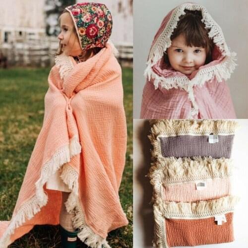 Newborn Baby Tassels Swaddle Muslin Blanket Infant Sleeping Bag Swaddle Wrap+Headband Photoprop