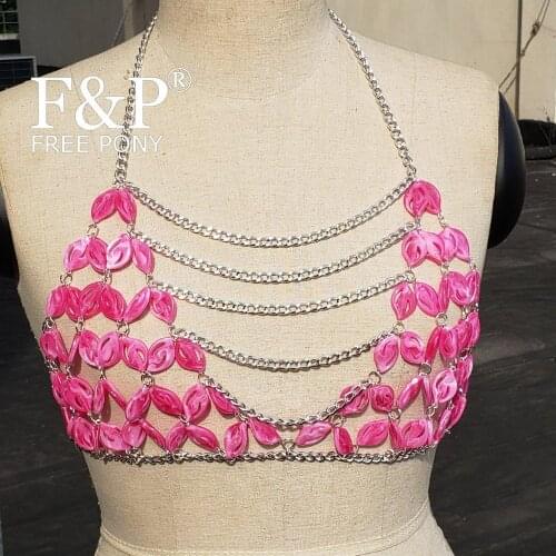 Burning Man Festival Pink Body chain Rave Chest Chain top Carnival Costume Gogo Pole Dance Wear Clothing