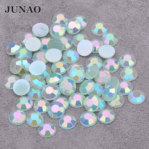 JUNAO 6 7 8 mm Glitter Green AB Flatback Rhinestone Decoration Acrylic Crystal Stones Appliques Glue On Strass Diamond for DIY