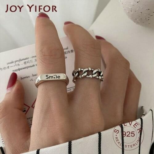 925 Sterling Silver Korean Chain Smile Letter Index Finger Ring Female Retro Opening Handmade Gift Jewelry Accessories