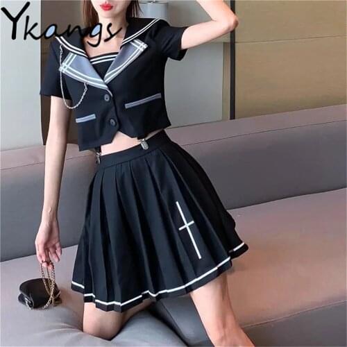 Japanese Style Two Piece Set Black Pleated Mini Skirt+Exposed Navel Short Sleeve Tops 2021Summer New Vintage Gothic Sailor Suit
