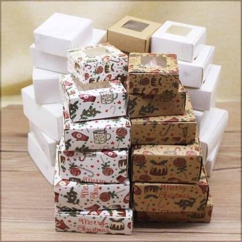 5pcs Window Candy Gift Merry Christmas Print Box 8x8x4cm Gifts Box with Window Marbling Style Package Box Party Suppiles