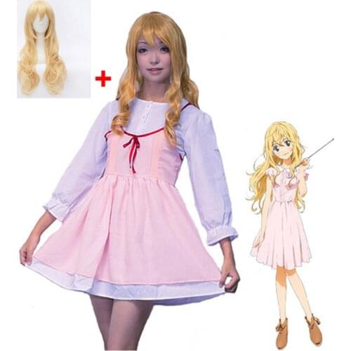 Anime Your Lie In April Cosplay Costumes Shigatsu Wa Kimi No Use Kaori Miyazono Adult Pink Dress Halloween Party Costume Wig