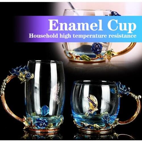 Creative Blue Rose Enamel Crystal Tea Cup Coffee Mug Butterfly Flower Water Cups Clear Glass For Hot Cold Drinks With Spoon Set