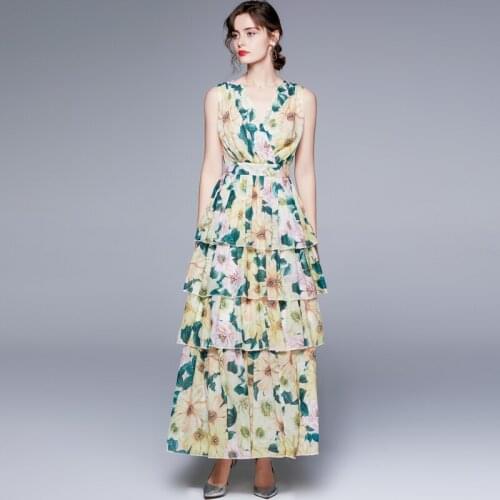 Summer Fashion Runway Long Party Dress Women V-Neck Floral Print Bohemia Ladies Vacation Chiffon Maxi Dress k8681