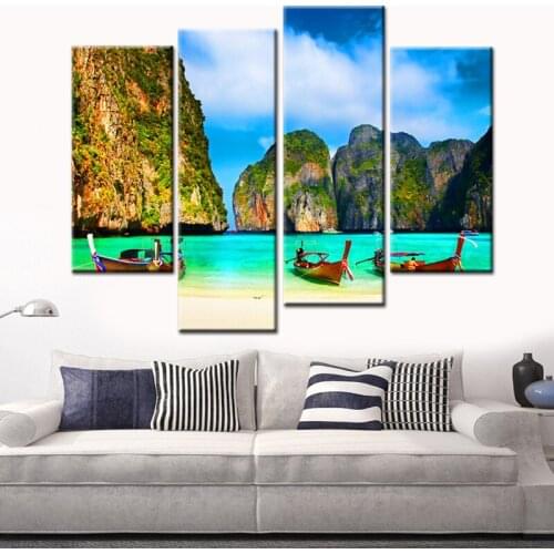 Modular Wall Paintings 4 Panels Canvas Print Wood Boat On Ocean And Hill Mountain Painting for Living Room Art Picture Poster