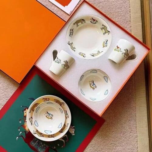 4 pcs Ceramic Children Tableware Set Including Cups & Bowls Trojan Horse Series Style Milk Water Mugs Birthday Wedding Presents