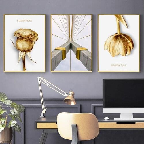 Golden Rose Tulip Bridge Wall Art Flower Canvas Painting Nordic Posters and Prints Pictures for Living Room Modern Home Decor