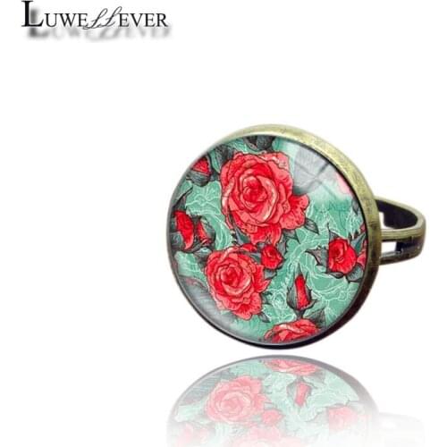 New 3622 Flower Fashion Adjustable Bronze Ring 30mm Round Glass Rings Charm Jewelry For Unisex Teenagers Gift