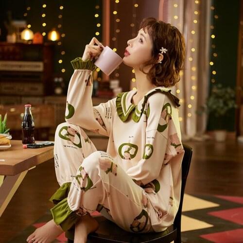 Pajamas Womens Summer Cotton Full Sleeve Plus Size Loose Lovely Girl Females Homewear Set