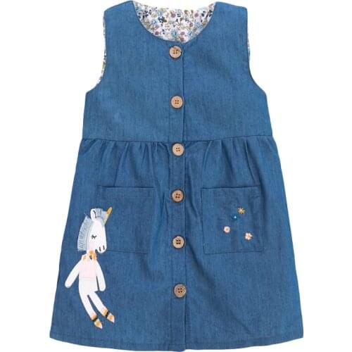 Little Maven New Summer Children Denim Blue O-neck Horse Applique Girls 2-7yrs Sleeveless Cotton Button Woven Vest Dresses