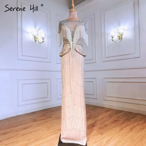 Serene Hill Silver Nude Cap Sleeves Evening Dresses Gowns 2021 Mermaid Beaded Luxury Elegant For Woman Party LA71296