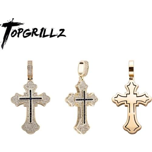 TOPGRILLZ 2021 New Cross Pendant Necklace 14k White Gold Plated Iced Full Micro Pave CZ Pendant Personality Jewelry For Gift