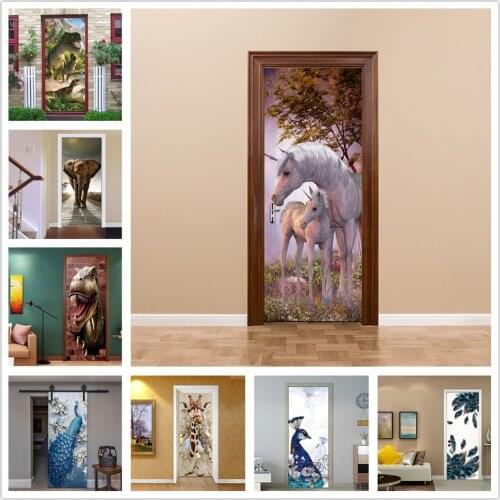 Unicorn Family Door Sticker Vinyl Self-adhesive Waterproof Wallpaper Cartoon Stickers on the Doors Mural Home Decor deurposter