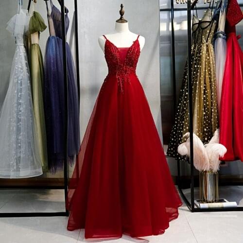 Wine Evening Dress 2019 New Red Long Slim Party Dress Sexy Spaghetti Strap Backless Beading Formal Dress a Line Floor Length
