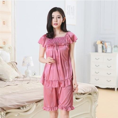 Ice Silk Pajamas Womens Ice Silk Short Sleeve Summer Sexy Medium Womens Pajamas Womens Group Sub Set Two Piece Set