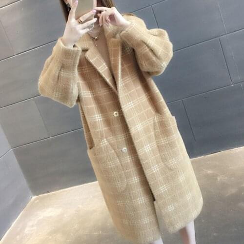 Womens Wear Manteau Femme Hiver Cardigan Imitation Mink Long Plaid Coat Korean Loose Knitted Suit Collar Autumn And Winter New