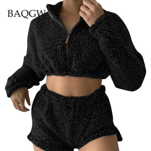 Women Sports Outfits Casual Solid Color Loose Sweater Teddy Coat with Elastic Tie Running Shorts Set Home Comfortable Sportswear