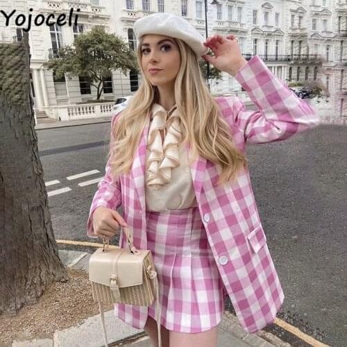 Yojoceli Elegant plaid pockets women autumn blazer Casual cool sexy streetwear office blazer Ladies fashion sweet outerwear