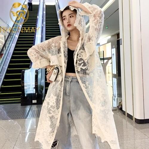 2020 Summer New Mesh Lace Embroidery Coat Sun Protection Shirt Seaside Vacation Lace-up Long Cardigan Coat Hooded Women Zip