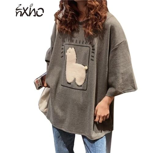 Cartoon Alpaca Animal Printed Loose Oversize Korean 2021 Summer New Short Sleeve Casual Women Top Female T-shirts Female Tees