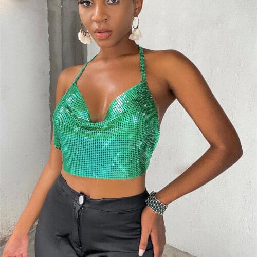 Green Metal Mesh Women Crop Top Backless Female Womens Tank Top 2021 Summer Clothes Chain Tied Backless Metallic Halter Top