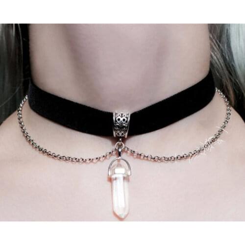 New Fashion Women Velvet Choker Hexagonal Crystal Pendant Necklaces For Women Jewelry Female Black Ribbon Party Gift Collar