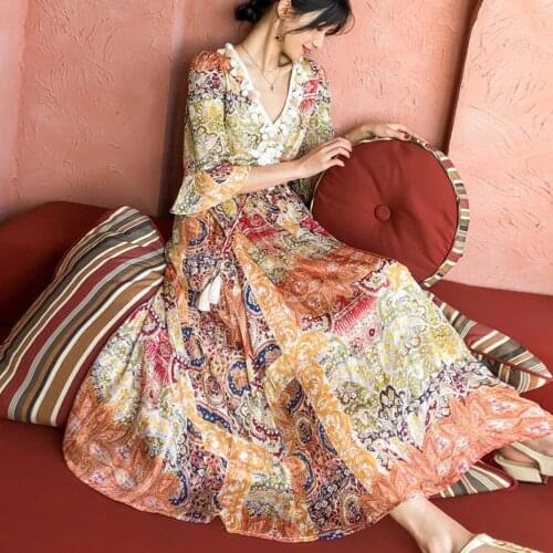 Dresses Summer Big Swing Chiffon Dress Women Vintage V Neck Tassel Balls Long Sleeves V-neck Holiday Print Chiffon Robe Ete 2020