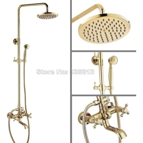 Gold Color Brass Rain Shower Faucet Set W/Bathroom Wall Mounted Dual Cross Handles Bathtub Mixer Tap with Handheld Shower Wgf384