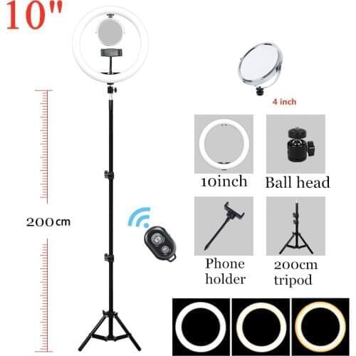10inch 26cm Selfie Light Ring Lamp LED Dimmable Ring Light with Tripod light Ringlight with mirror for TikTok Youtube Live