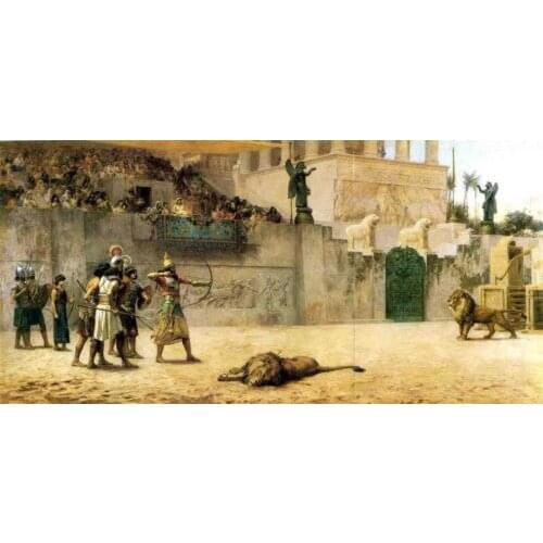 100%Handmade Oil Painting Hand Oil painting Frederick Arthur Bridgman - The Diversion Of An Assyrian King lions