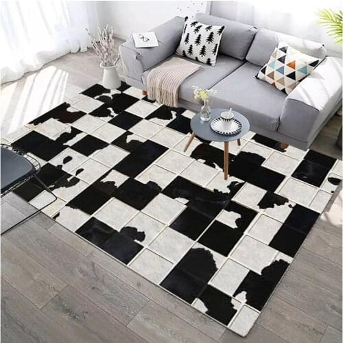 European Luxury Home Decor Carpets Black White Imitation Cowhide 3D Printing Carpet Living Rugs Mats Bedroom Kitchen Area Room