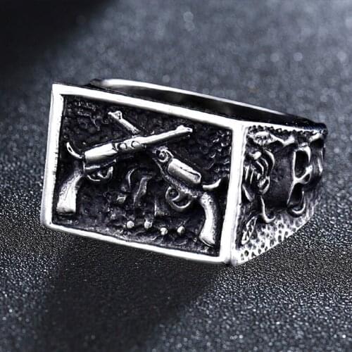 Stainless Steel Revolver Pistol-Gun Square Mens Rings Punk Hip Hop skulll rings Male Boyfriend Biker Jewelry Creativity Gift
