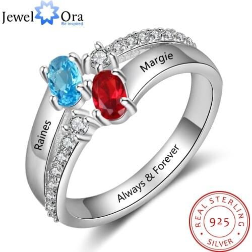 JewelOra Personalized 925 Sterling Silver Name Engraved Ring with Zirconia Customized Oval Birthstone Wedding Rings for Women