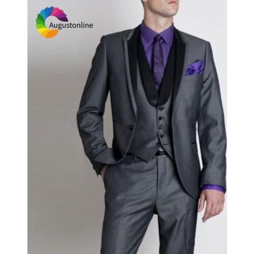 Custom Made Grey Men Suits Wedding Black Peaked Lapel Slim Fit Groom Tuxedo 3Piece Best Man Blazer Terno Masculino Costume Homme