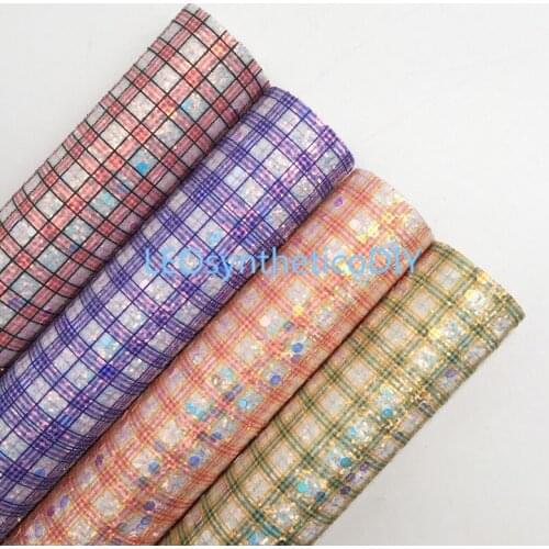 LEOsyntheticoDIY Iridescent Plaids Chunky Glitter Vinyl Fabric Sheet Felt Backing Synthetic Leather Faux Vinil DIY A4 SIZE R050